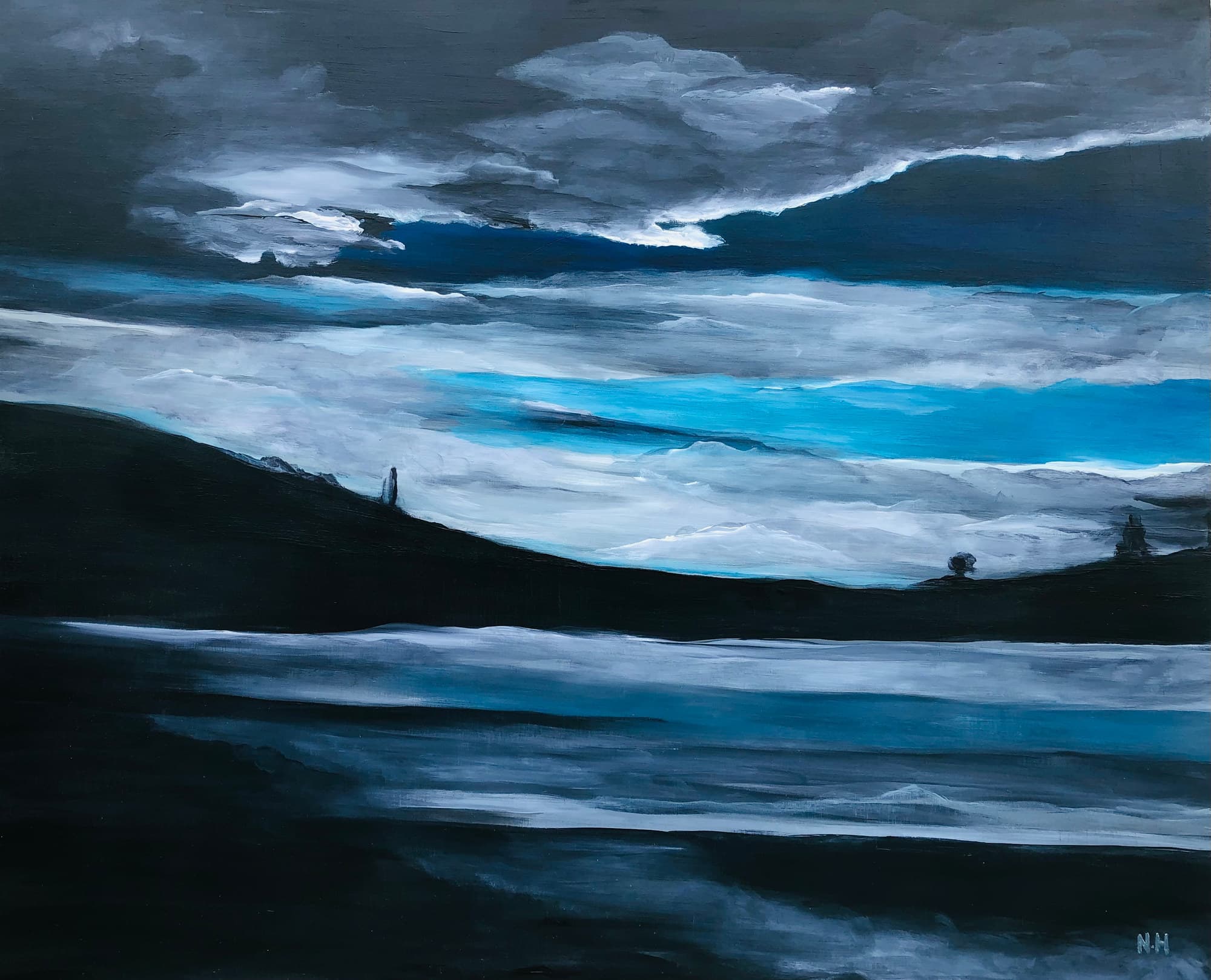Blue I-22, peinture de Nadine Hardy, acrylique sur bois, 81 × 100 cm, 2022