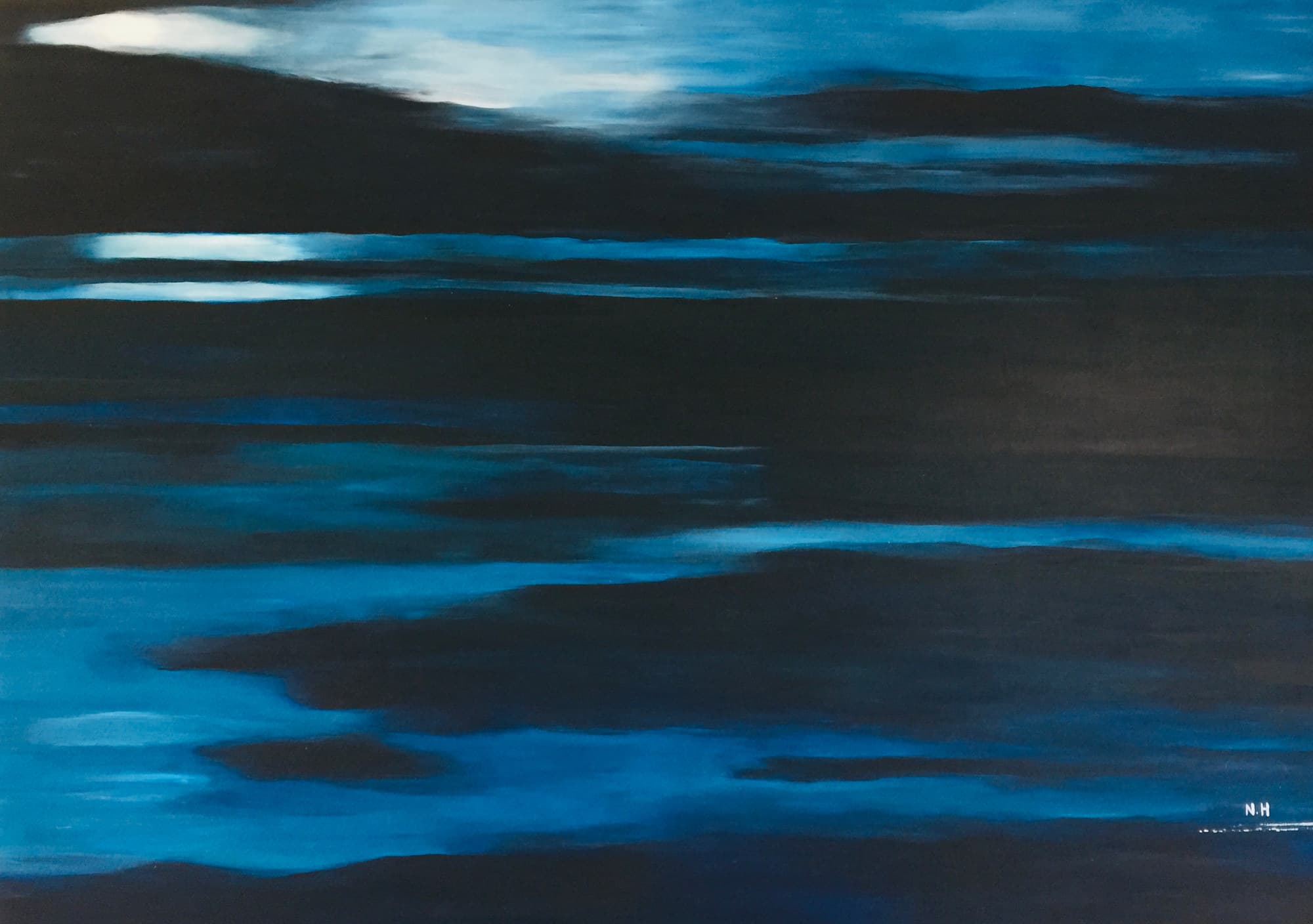 Blue Origins, peinture de Nadine Hardy, acrylique sur bois, 122 × 170 cm, 2008