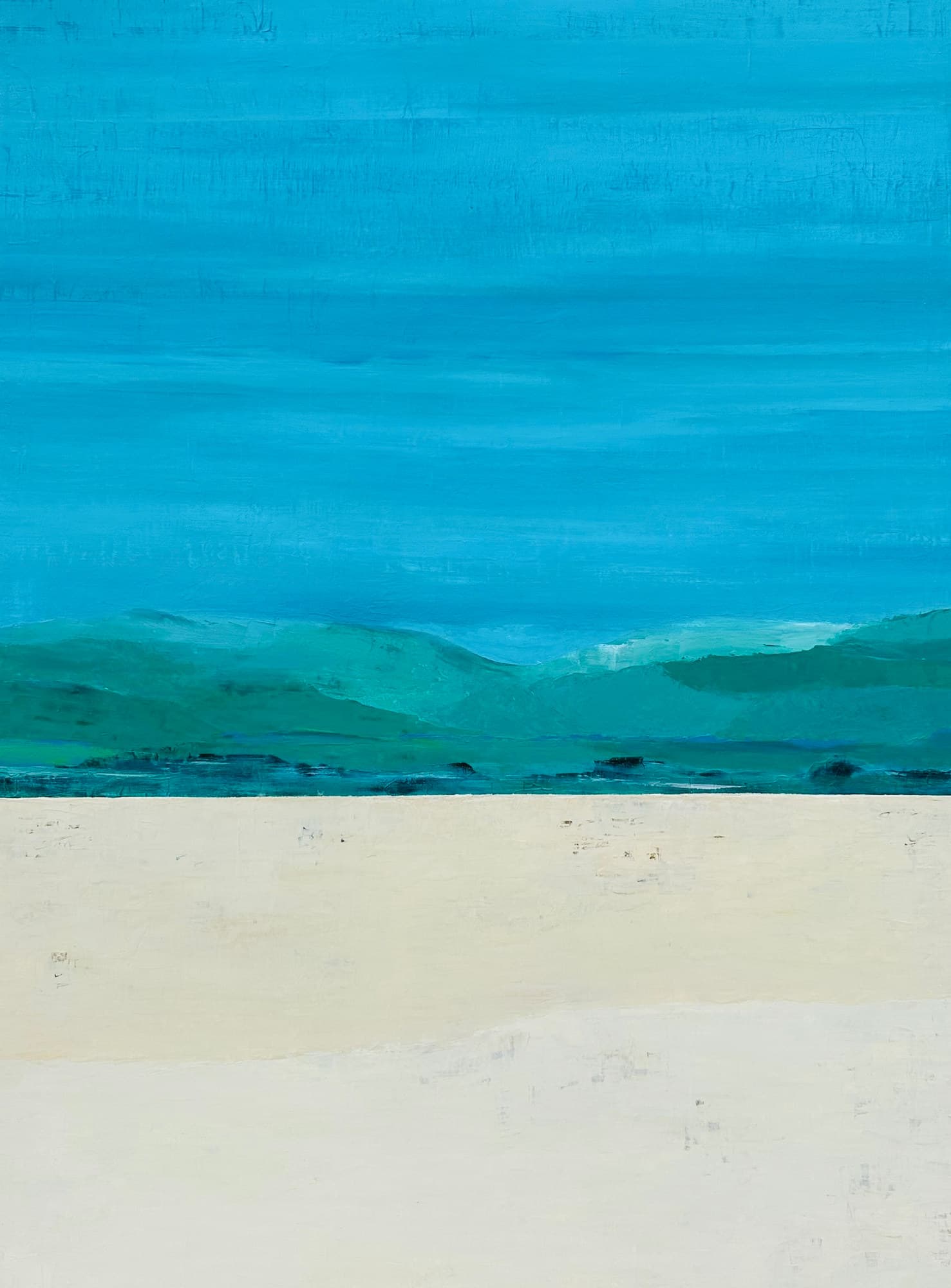 Évanescence chromatique, paysage semi-abstrait de Nadine Hardy, acrylique sur bois et sur châssis, 80 × 60 cm, 2024