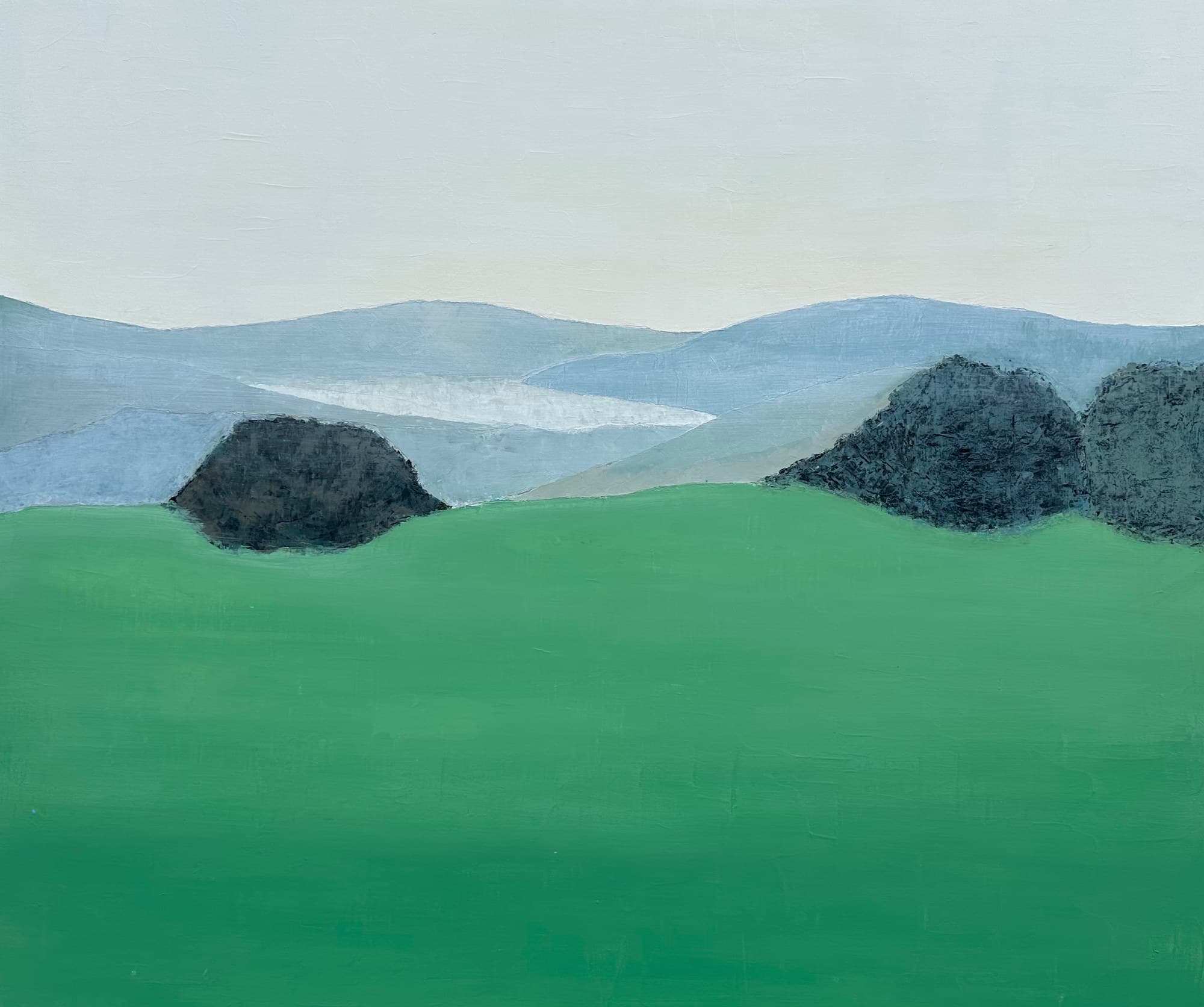 Evasion abstraite, paysage semi-abstrait de Nadine Hardy, acrylique sur bois et sur châssis, 53 × 64 cm, 2024