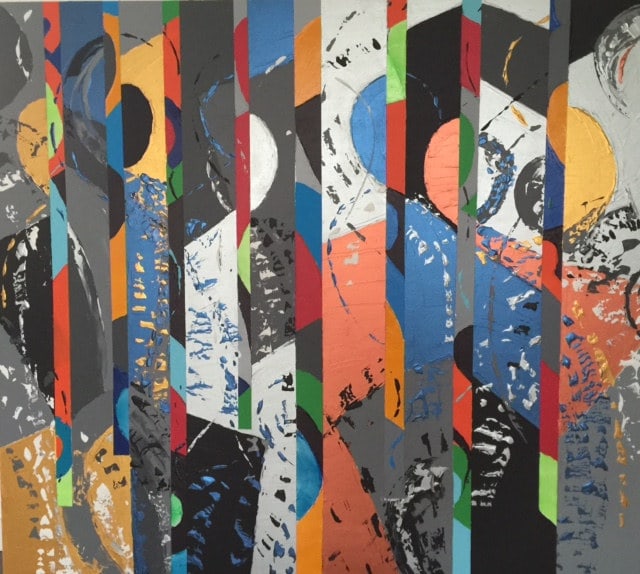 Action et Contemplation, peinture de Nadine Hardy, acrylique sur bois, 109 × 122 cm