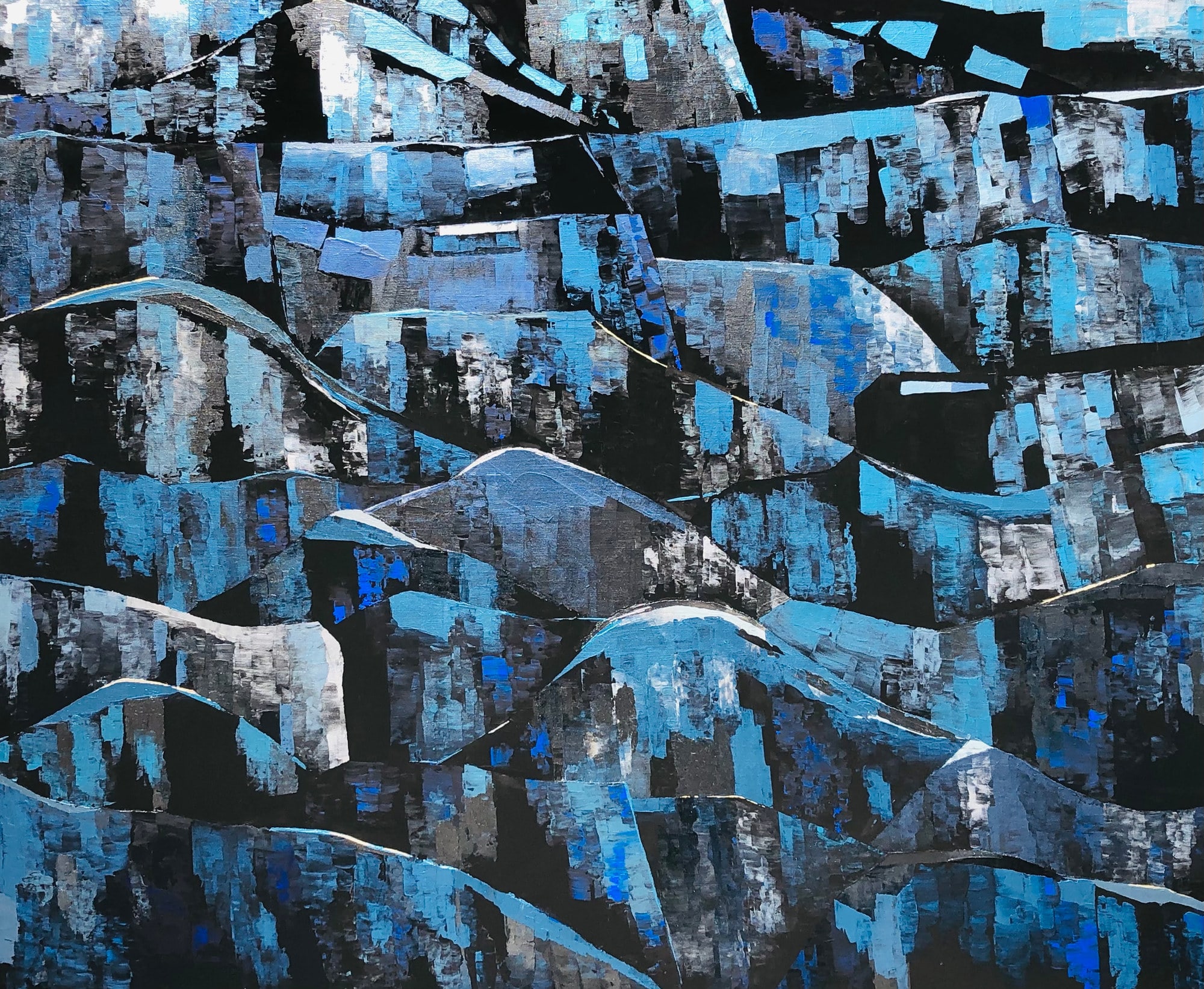Blue Night, peinture de Nadine Hardy, acrylique sur bois, 81 × 100 cm, 2023