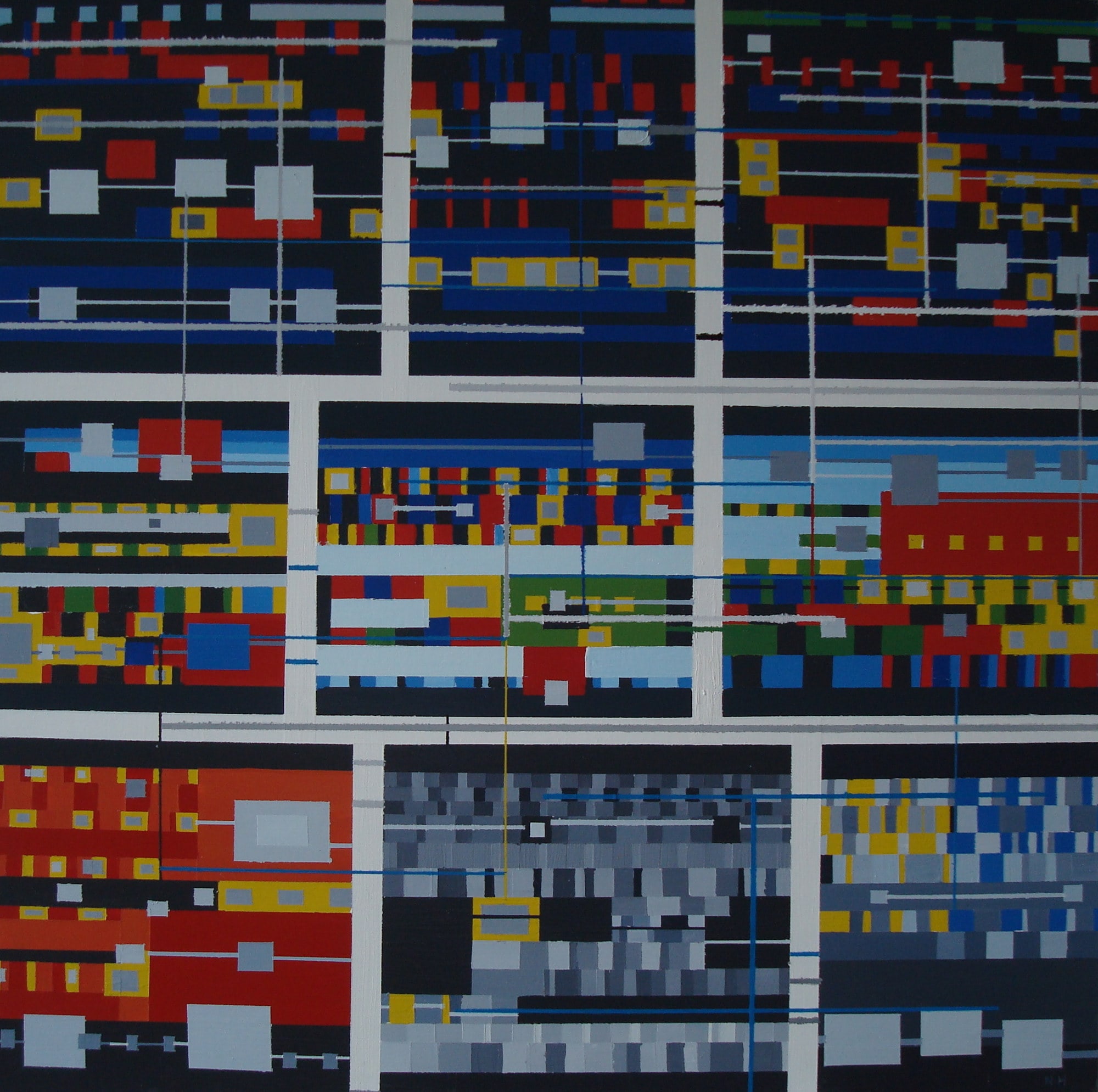 Connections, peinture de Nadine Hardy, acrylique sur bois, 80 × 80 cm, 2015