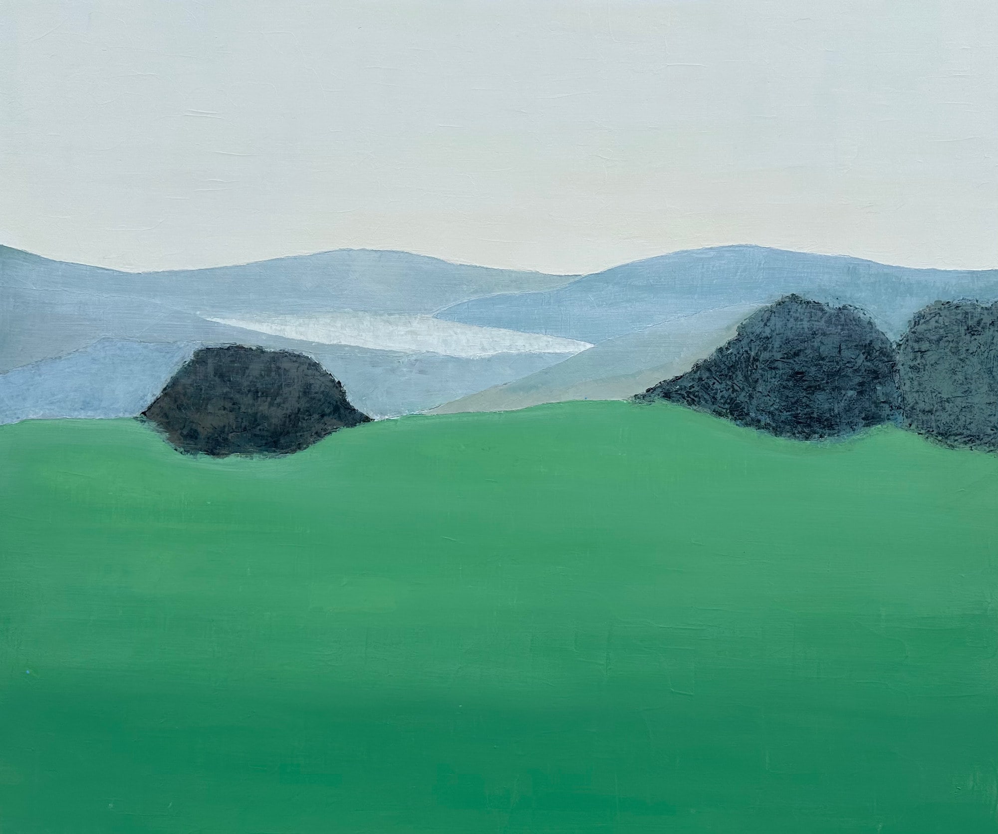 Evasion abstraite, paysage semi-abstrait de Nadine Hardy, acrylique sur bois et sur châssis, 53 × 64 cm, 2024