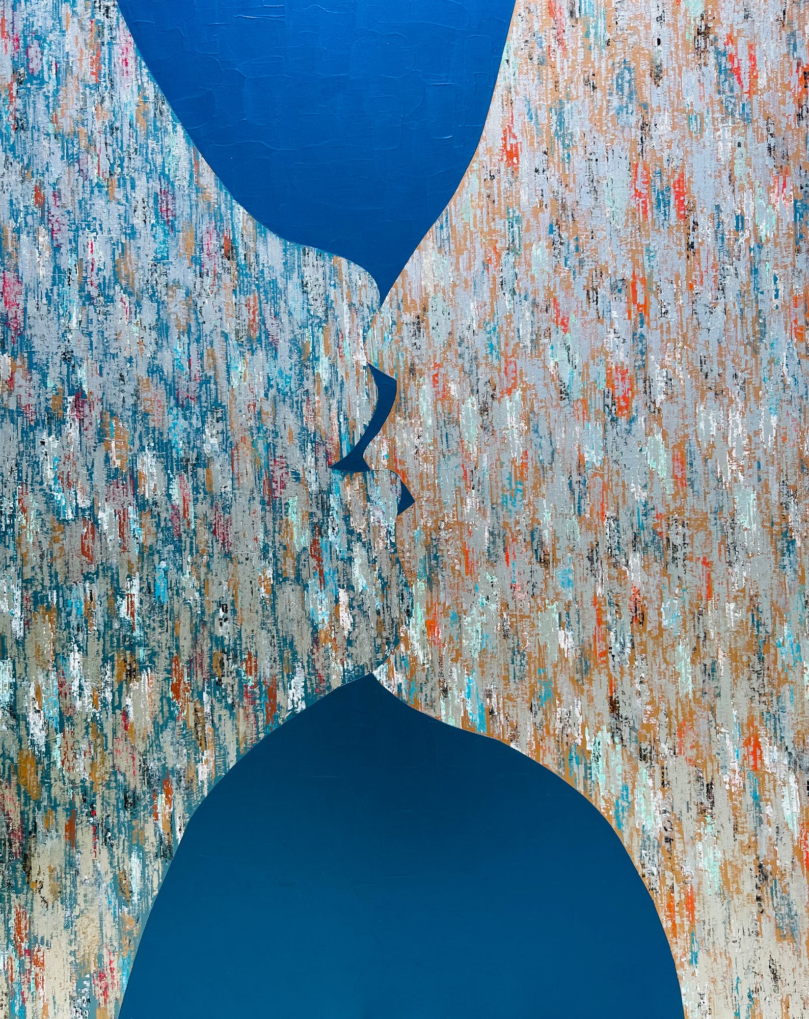 Le Baiser, peinture de Nadine Hardy, acrylique sur bois, 100 × 81 cm, 2023