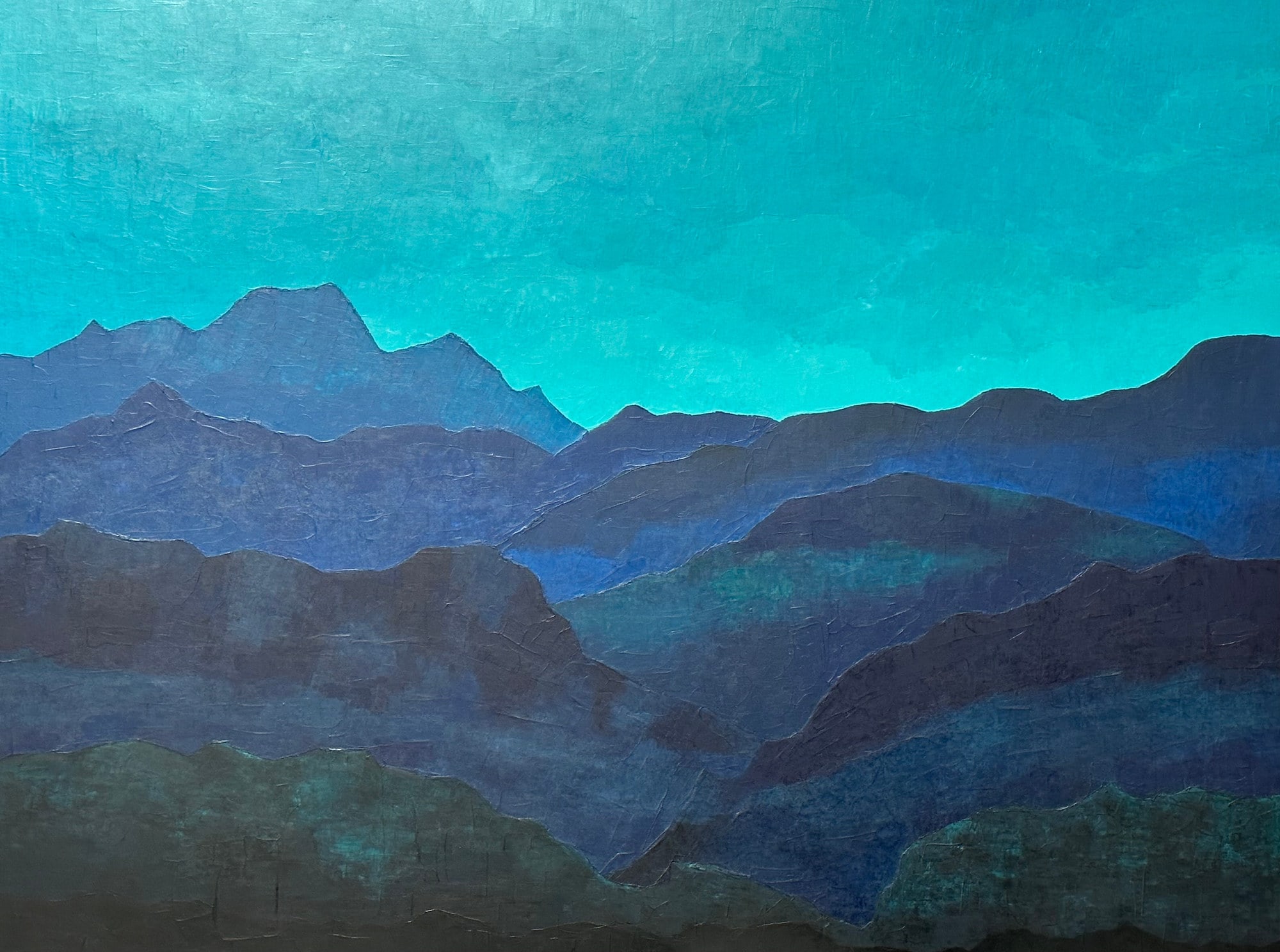 Mélodie des Pyrénées, paysage semi-abstrait de Nadine Hardy, acrylique sur bois et sur châssis, 89 × 116 cm, 2024