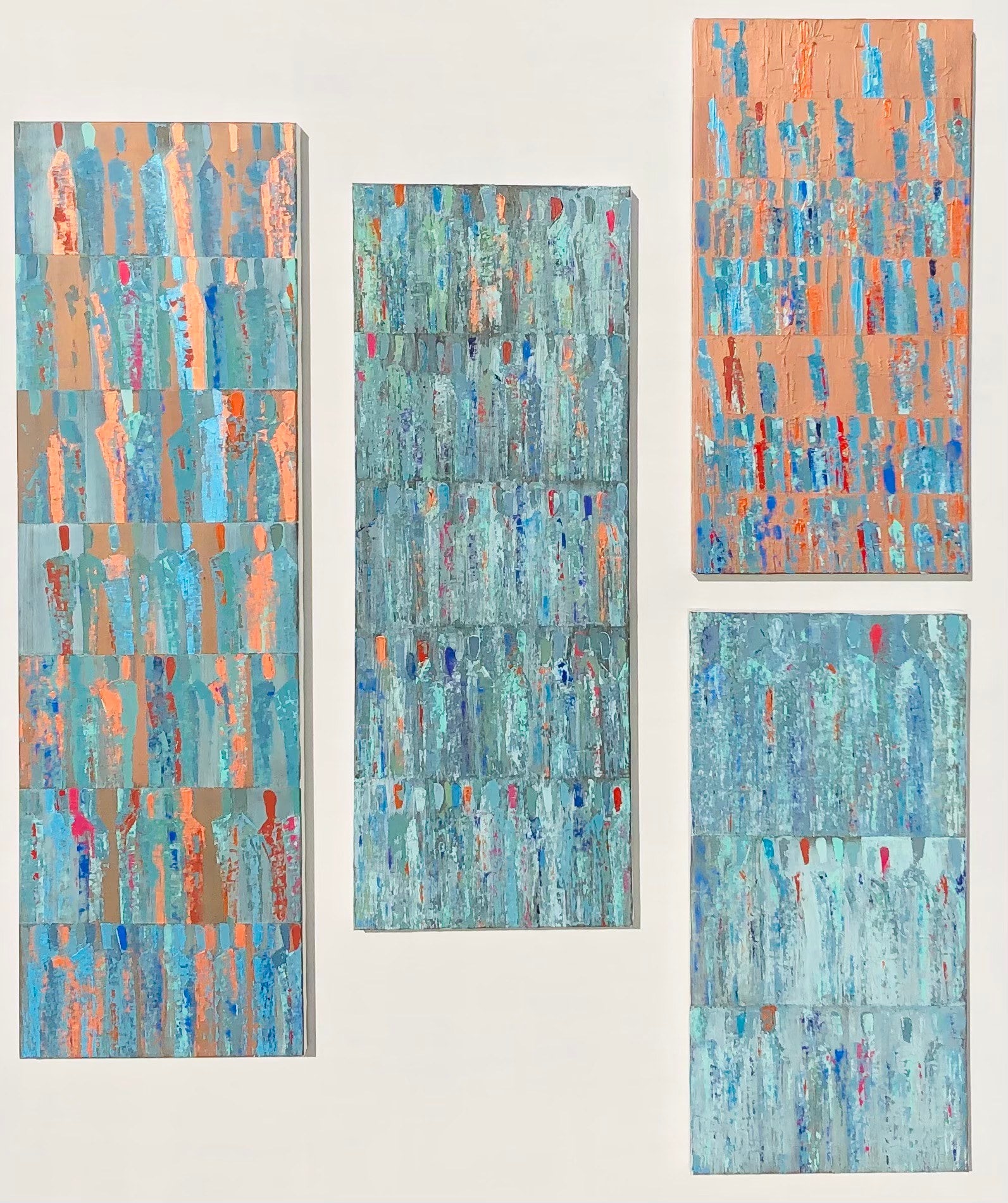 Presence Lumineuse, peinture de Nadine Hardy, acrylique sur toile, 4 tableaux: 100x30 cm, 80x30 cm, 60x30 cm, 60x30 cm, 2021