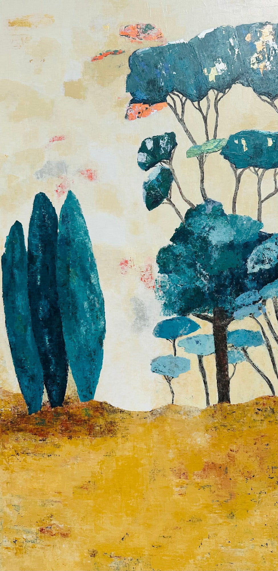 Réminiscence Méditerranéenne, paysage semi-abstrait de Nadine Hardy, acrylique sur bois et sur châssis, 120 × 60 cm
