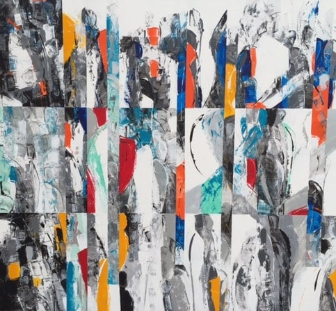Sillhouettes II, peinture de Nadine Hardy, acrylique sur bois, 109 × 122 cm
