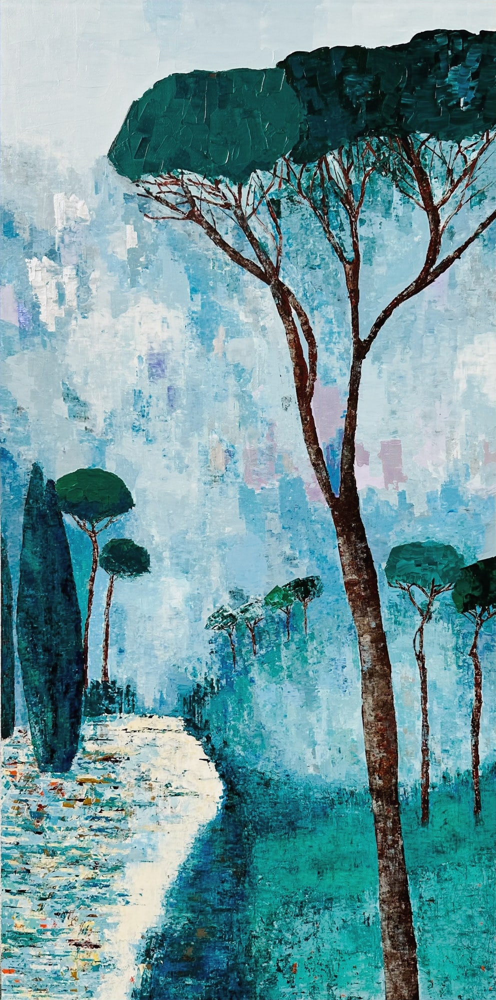 Souvenir de provence, paysage semi-abstrait de Nadine Hardy, acrylique sur bois et sur châssis, 120 × 60 cm, 2024