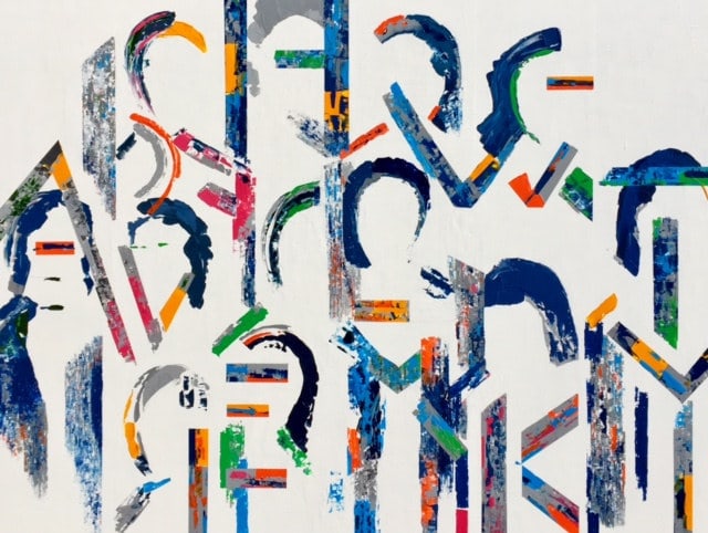 The Alphabet (2018), peinture de Nadine Hardy, acrylique sur bois, 89 × 116 cm, 2018