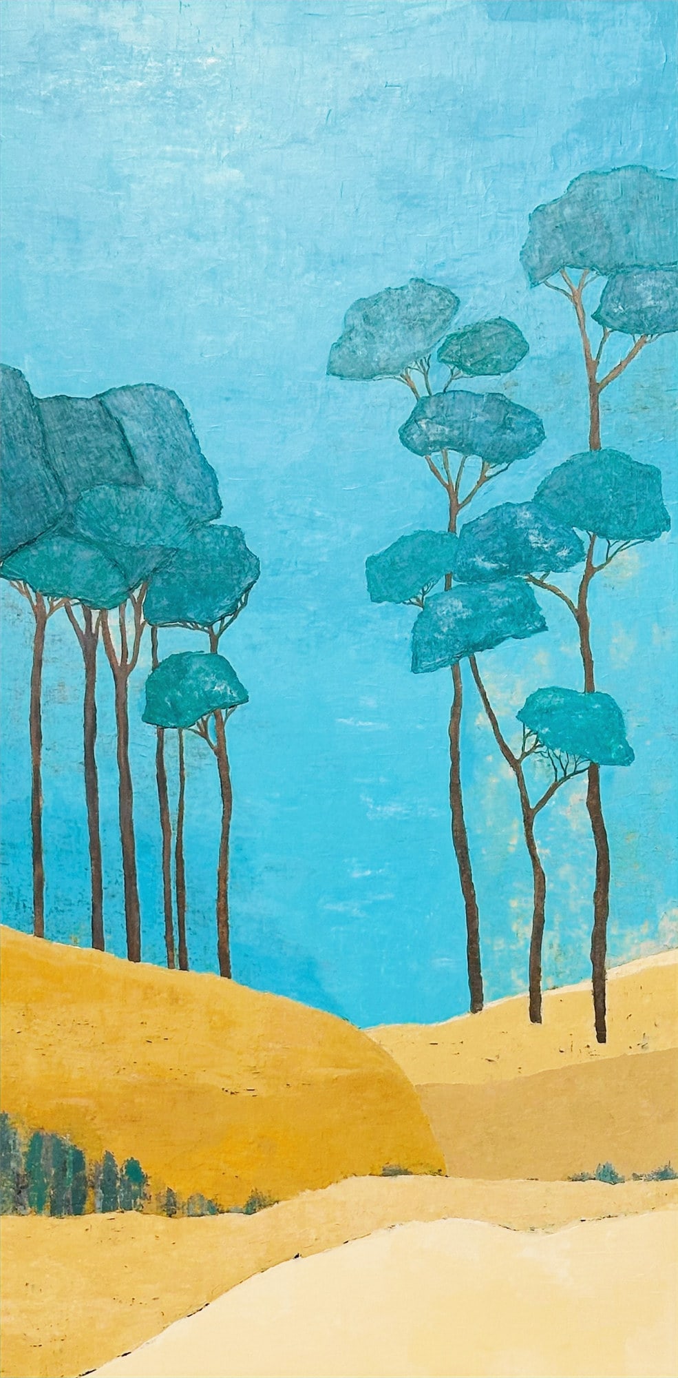 Voyage abstrait, paysage semi-abstrait de Nadine Hardy, acrylique sur bois et sur châssis, 120 × 60 cm, 2024